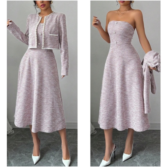 Classic Faux Pearl Tweed Open Front Jacket Dress Set - Picture 5 of 7